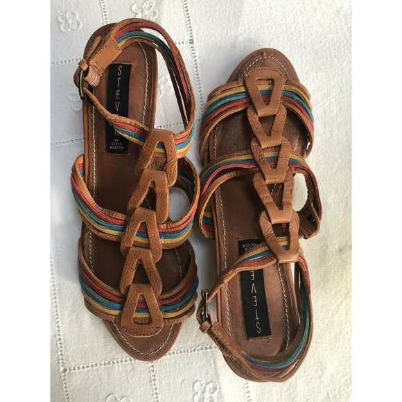 Steve Madden Jannis Sandals 8 Leather Colorful Wedge - Picture 3 of 9